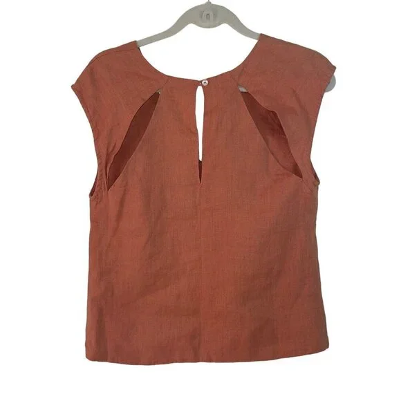 Lanhtropy Womens Top Size Small Brown Pearl Cut Outs V Neck Pure Linen New